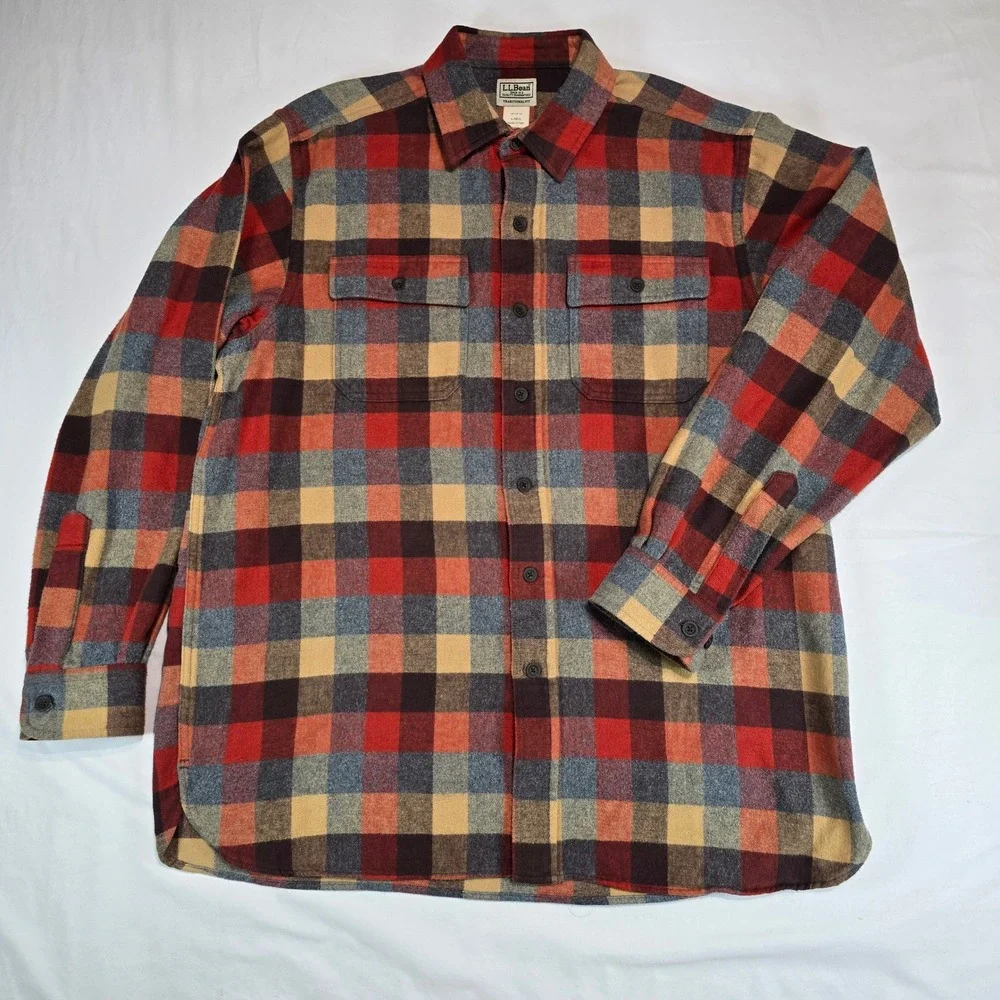 LL‎ Bean Mens Traditional Fit Flannel Shirt Plaid Red Orange Large L-REG 277981